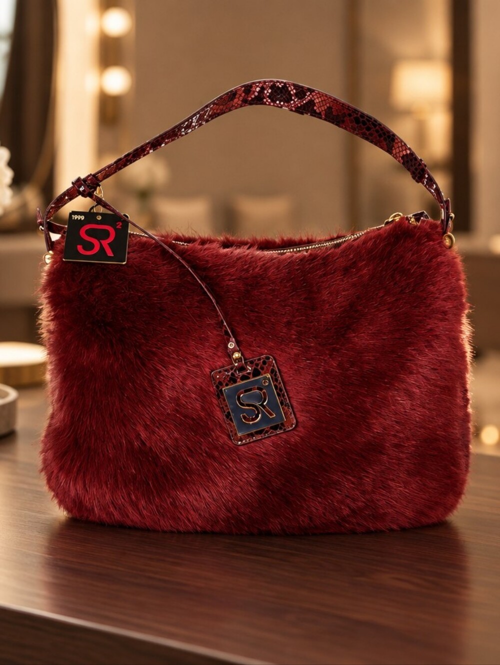 R2 Burgundy Faux Fur Shoulder Hobo Bag NWT